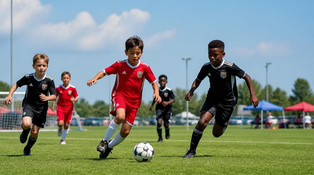 Kids playing soccer on a green field